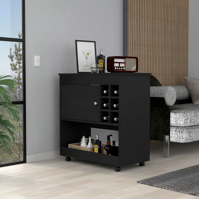 PB4- Texas Bar Cart; One Cabinet; Six Bottle Cubbies; Four Casters - Likeshoppe 