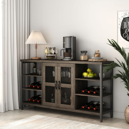 CB1- Wine Bar Cabinet for Liquor and Glasses, Rustic Wood Wine Bar Cabinet with Storage , Multifunctional Floor Wine Cabinet for Living Room(55 Inch, Black Gray) - Likeshoppe 
