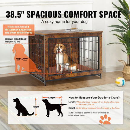 AB1- VEVOR Dog Crate Furniture, 38 inch Wooden Dog Crate with Double Doors, Heavy-Duty Dog Cage End Table with Multi-Purpose Removable Tray, Modern Dog Kennel Indoor for Dogs up to 70lb, Rustic Brown - Likeshoppe 