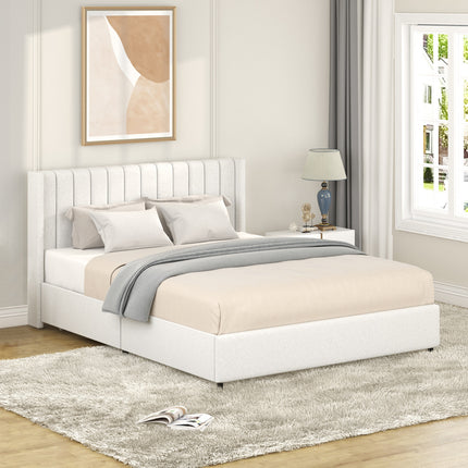 BR9- Anda Queen Size Ivory Boucle Upholstered Platform Bed with Patented 4 Drawers Storage, Tufted Headboard, Wooden Slat Mattress Support, No Box Spring Needed. - Likeshoppe 
