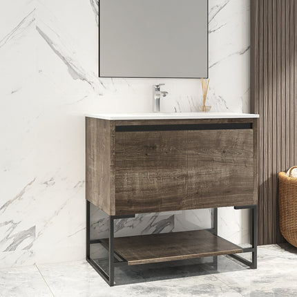 PT5- 32 inches Wood Freestanding Bathroom Vanity Combo with Integrated Ceramic Sink and 2 Soft Close Doors - Likeshoppe 