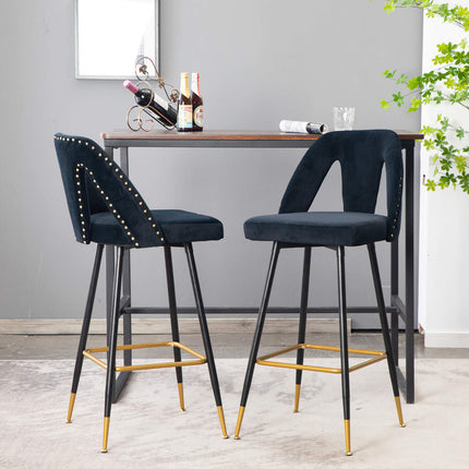 BS6- Collection Modern | Contemporary Velvet Upholstered  28\\" Bar Stool & Counter Stools with Nailheads and Gold Tipped Black Metal Legs,Set of 2 - Likeshoppe 