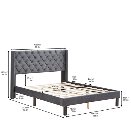 PF6- Velvet Button Tufted-Upholstered Bed with Wings Design - Strong Wood Slat Support - Easy Assembly - Likeshoppe 