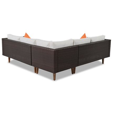 PX6- 4-pieces Outdoor Wicker Sofa Set;  Patio Furniture with Colorful Pillows;  L-shape sofa set;  Gray cushions and Black Rattan - Likeshoppe 