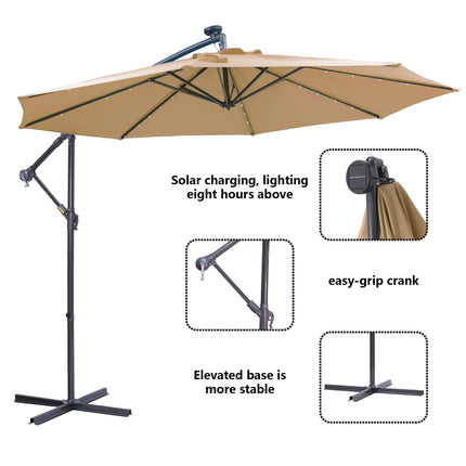 PZ3- 10 FT Solar LED Patio Outdoor Umbrella Hanging Cantilever Umbrella Offset Umbrella Easy Open Adustment with 32 LED Lights - Likeshoppe 