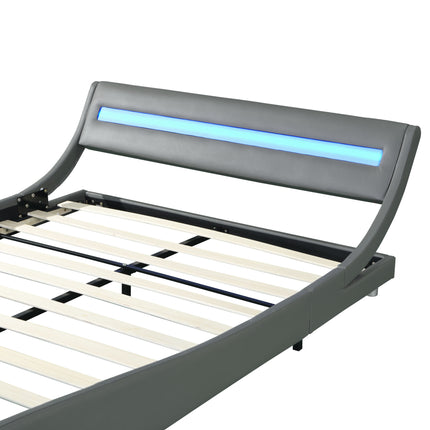 PF2- Faux Leather Upholstered Platform Bed Frame with led lighting , Curve Design, Wood Slat Support, No Box Spring Needed, Easy Assemble, Queen Size, - Likeshoppe 