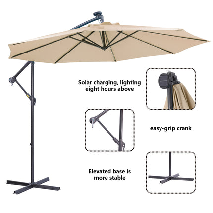 PZ2- 10 FT Solar LED Patio Outdoor Umbrella Hanging Cantilever Umbrella Offset Umbrella Easy Open Adustment with 24 LED Lights - tan - Likeshoppe 