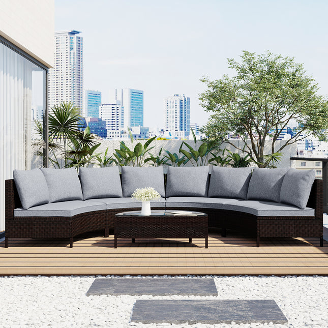 PX16- 5 Pieces All-Weather Brown PE Rattan Wicker Sofa Set Outdoor Patio Sectional Furniture Set Half-Moon Sofa Set with Tempered Glass Table - Likeshoppe 