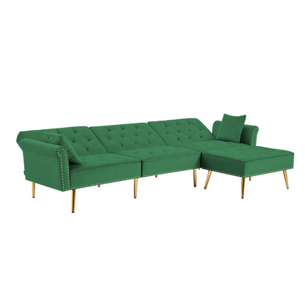 U6- Modern Velvet Upholstered Reversible Sectional Sofa Bed , L-Shaped Couch with Movable Ottoman and Nailhead Trim For Living Room. (Green) - Likeshoppe 