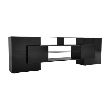 TV15- ON-TREND Unique Shape TV Stand with 2 Illuminated Glass Shelves, High Gloss Entertainment Center for TVs Up to 80", Versatile TV Cabinet with LED Color Changing Lights for Living Room, Black - Likeshoppe 
