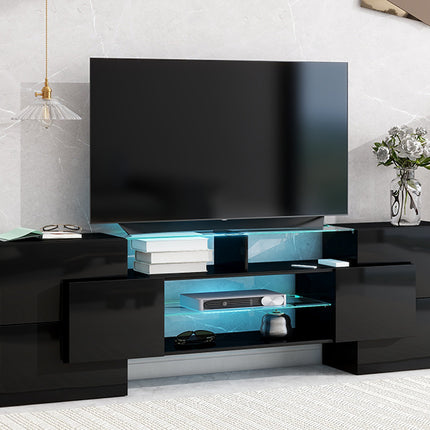 TV15- ON-TREND Unique Shape TV Stand with 2 Illuminated Glass Shelves, High Gloss Entertainment Center for TVs Up to 80", Versatile TV Cabinet with LED Color Changing Lights for Living Room, Black - Likeshoppe 