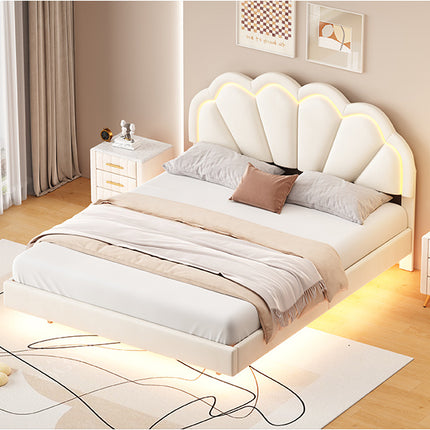 BR2- Queen Upholstered Smart LED Bed Frame with Elegant Flowers Headboard,Floating Velvet Platform LED Bed with Wooden Slats Support - Likeshoppe 