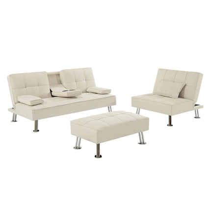 U2- Fabric Folding Sofa Bed with 2 Cup Holders, Removable Armrest and Metal Legs,Single Sofa Bed with Ottoman,3 pcs for 1 sets - Likeshoppe 