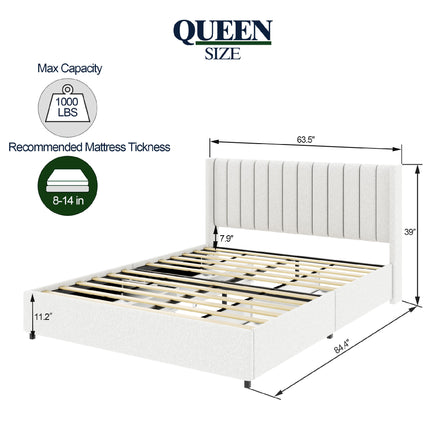 BR9- Anda Queen Size Ivory Boucle Upholstered Platform Bed with Patented 4 Drawers Storage, Tufted Headboard, Wooden Slat Mattress Support, No Box Spring Needed. - Likeshoppe 