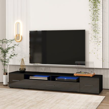 TV21- ON-TREND Extended, Minimalist Design TV stand with Color Changing LED Lights, Modern Universal Entertainment Center, High Gloss TV Cabinet for 90+ inch TV, Black - Likeshoppe 
