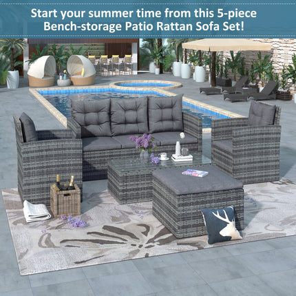 PX1- 5-piece Outdoor UV-Resistant Patio Sofa Set with Storage Bench All Weather PE Wicker Furniture Coversation Set with Glass Table, Gray - Likeshoppe 