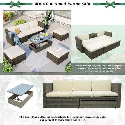 PX9- Patio Furniture Sets;  5-Piece Patio Wicker Sofa with Adustable Backrest;  Cushions;  Ottomans and Lift Top Coffee Table - Likeshoppe 