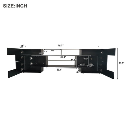 TV15- ON-TREND Unique Shape TV Stand with 2 Illuminated Glass Shelves, High Gloss Entertainment Center for TVs Up to 80", Versatile TV Cabinet with LED Color Changing Lights for Living Room, Black - Likeshoppe 