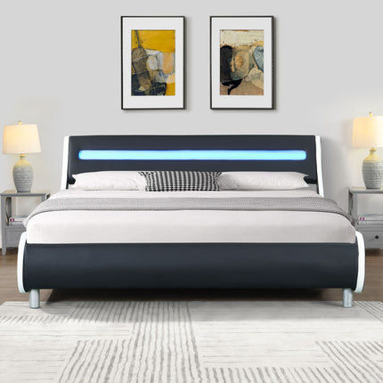 PF2- Faux Leather Upholstered Platform Bed Frame with led lighting , Curve Design, Wood Slat Support, No Box Spring Needed, Easy Assemble, Queen Size, - Likeshoppe 