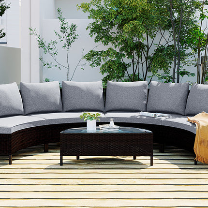 PX16- 5 Pieces All-Weather Brown PE Rattan Wicker Sofa Set Outdoor Patio Sectional Furniture Set Half-Moon Sofa Set with Tempered Glass Table - Likeshoppe 