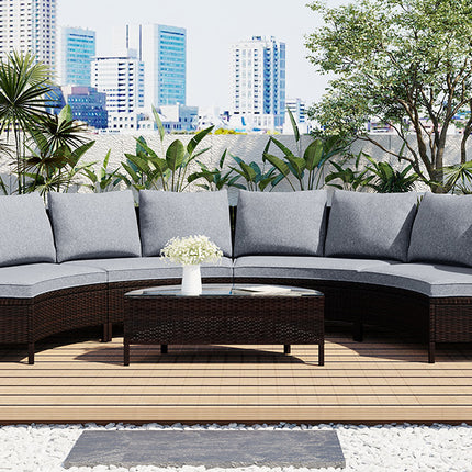 PX16- 5 Pieces All-Weather Brown PE Rattan Wicker Sofa Set Outdoor Patio Sectional Furniture Set Half-Moon Sofa Set with Tempered Glass Table - Likeshoppe 