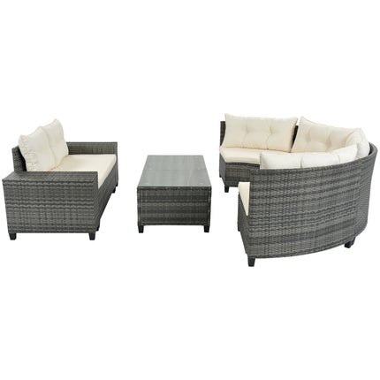 PX13- 8-pieces Outdoor Wicker Round Sofa Set;  Half-Moon Sectional Sets All Weather;  Curved Sofa Set With Rectangular Coffee Table;  PE Rattan Water-resistant and UV Protected;  Movable Cushion - Likeshoppe 