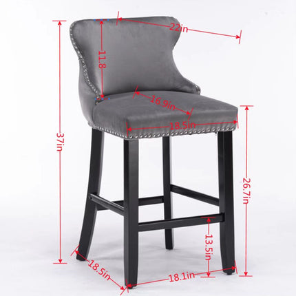 BS4- Contemporary Velvet Upholstered Wing-Back Barstools with Button Tufted Decoration and Wooden Legs;  and Chrome Nailhead Trim;  Leisure Style Bar Chairs; Bar stools;  Set of 2 - Likeshoppe 