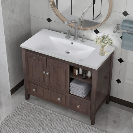PT1- 36\\" Bathroom Vanity with Ceramic Basin;  Bathroom Storage Cabinet with Two Doors and Drawers;  Solid Frame;  Metal Handles - Likeshoppe 
