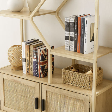 BC3- Rattan bookshelf 5 tiers Bookcases Storage Rack with cabinet for Living Room Home Office - Likeshoppe 