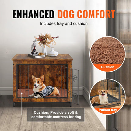 AB4- VEVOR Dog Crate Furniture, 32 inch Wooden Dog Crate with Double Doors, Heavy-Duty Dog Cage End Table with Multi-Purpose Removable Tray, Modern Dog Kennel Indoor for Dogs up to 45lb, Rustic Brown - Likeshoppe 