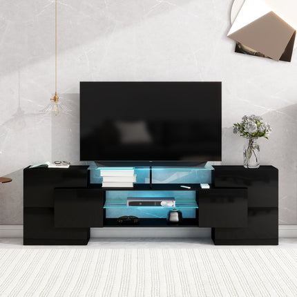 TV15- ON-TREND Unique Shape TV Stand with 2 Illuminated Glass Shelves, High Gloss Entertainment Center for TVs Up to 80", Versatile TV Cabinet with LED Color Changing Lights for Living Room, Black - Likeshoppe 