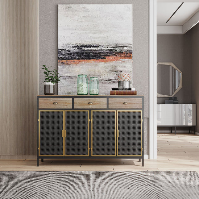 PC1- 48" Wide 4 Doors Modern Sideboard with 3 Top Drawers, Freestanding Sideboard Storage Cabinet Entryway Floor Cabinet for Living Room Office Bedroom - Likeshoppe 