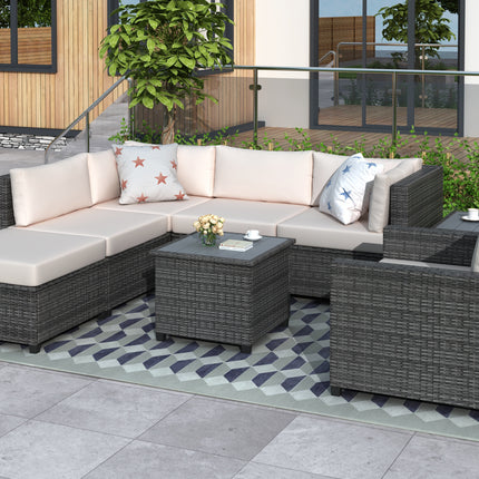 PX10- 8 Piece Rattan Sectional Seating Group with Cushions;  Patio Furniture Sets;  Outdoor Wicker Sectional - Likeshoppe 