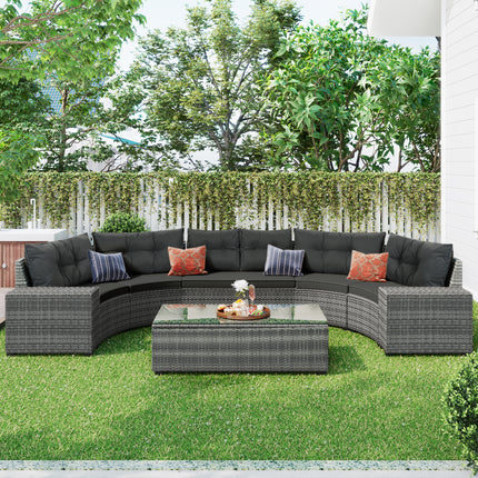 PX13- 8-pieces Outdoor Wicker Round Sofa Set;  Half-Moon Sectional Sets All Weather;  Curved Sofa Set With Rectangular Coffee Table;  PE Rattan Water-resistant and UV Protected;  Movable Cushion - Likeshoppe 