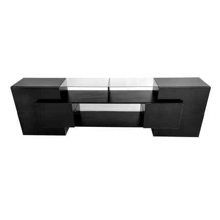 TV15- ON-TREND Unique Shape TV Stand with 2 Illuminated Glass Shelves, High Gloss Entertainment Center for TVs Up to 80", Versatile TV Cabinet with LED Color Changing Lights for Living Room, Black - Likeshoppe 