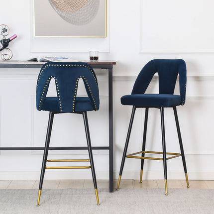 BS6- Collection Modern | Contemporary Velvet Upholstered  28\\" Bar Stool & Counter Stools with Nailheads and Gold Tipped Black Metal Legs,Set of 2 - Likeshoppe 
