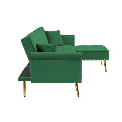 U6- Modern Velvet Upholstered Reversible Sectional Sofa Bed , L-Shaped Couch with Movable Ottoman and Nailhead Trim For Living Room. (Green) - Likeshoppe 