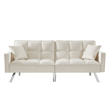 U5- Modern Velvet Sofa Couch Bed with Armrests and 2 Pillows for Living Room and Bedroom .(White) - Likeshoppe 