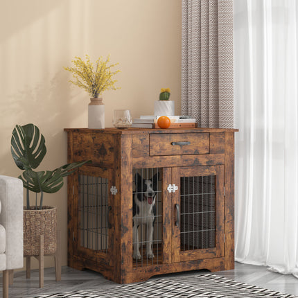 AB7- Furniture Style Dog Crate End Table with Drawer;  Pet Kennels with Double Doors;  Dog House Indoor Use; Rustic brown. - Likeshoppe 