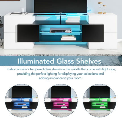 TV12- ON-TREND Unique Shape TV Stand with 2 Illuminated Glass Shelves, High Gloss Entertainment Center for TVs Up to 88", Versatile TV Cabinet with LED Color Changing Lights for Living Room, Black&White - Likeshoppe 
