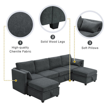 109*54.7\" Chenille Modular Sectional Sofa,U Shaped Couch with Adjustable Armrests and Backrests,6 Seat Reversible Sofa Bed with Storage Seats for Living Room, Apartment,2 Colors - Likeshoppe 