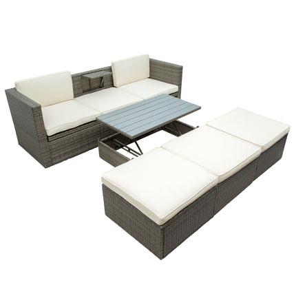 PX9- Patio Furniture Sets;  5-Piece Patio Wicker Sofa with Adustable Backrest;  Cushions;  Ottomans and Lift Top Coffee Table - Likeshoppe 