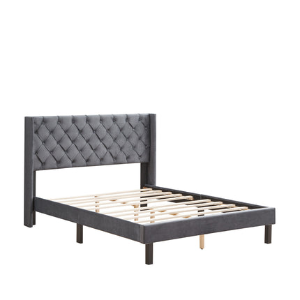 PF6- Velvet Button Tufted-Upholstered Bed with Wings Design - Strong Wood Slat Support - Easy Assembly - Likeshoppe 