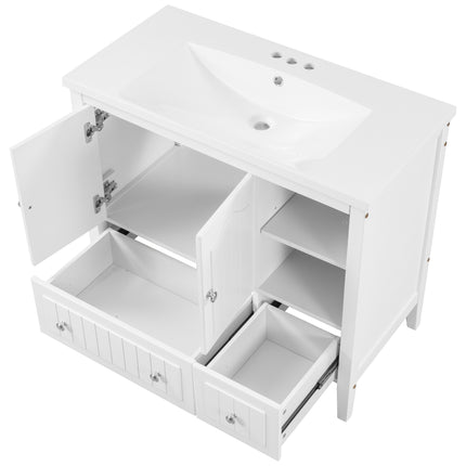 PT1- 36\\" Bathroom Vanity with Ceramic Basin;  Bathroom Storage Cabinet with Two Doors and Drawers;  Solid Frame;  Metal Handles - Likeshoppe 