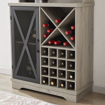 PB9- Farmhouse Wine Cabinet ;  Large Capacity Kitchen Sideboard Storage Cabinet With Wine Rack And Glass Holder;  Adjustable Shelf And 16 Square Compartments - Likeshoppe 