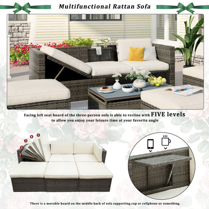 PX9- Patio Furniture Sets;  5-Piece Patio Wicker Sofa with Adustable Backrest;  Cushions;  Ottomans and Lift Top Coffee Table - Likeshoppe 