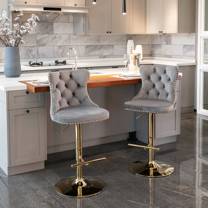 BS3- Furniture,Golden Swivel Velvet Barstools Adjusatble Seat Height from 25-33 Inch, Modern Upholstered Bar Stools with Backs Comfortable Tufted for Home Pub and Kitchen Island - Likeshoppe 