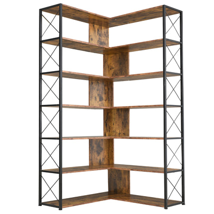 BC2- 7-Tier Bookcase Home Office Bookshelf, L-Shaped Corner Bookcase with Metal Frame, Industrial Style Shelf with Open Storage, MDF Board - Likeshoppe 