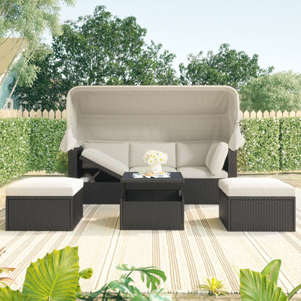 PX2- Outdoor Patio Rectangle Daybed with Retractable Canopy, Wicker Furniture Sectional Seating with Washable Cushions, Backyard, Porch - Likeshoppe 