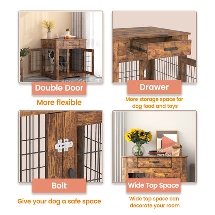 AB7- Furniture Style Dog Crate End Table with Drawer;  Pet Kennels with Double Doors;  Dog House Indoor Use; Rustic brown. - Likeshoppe 